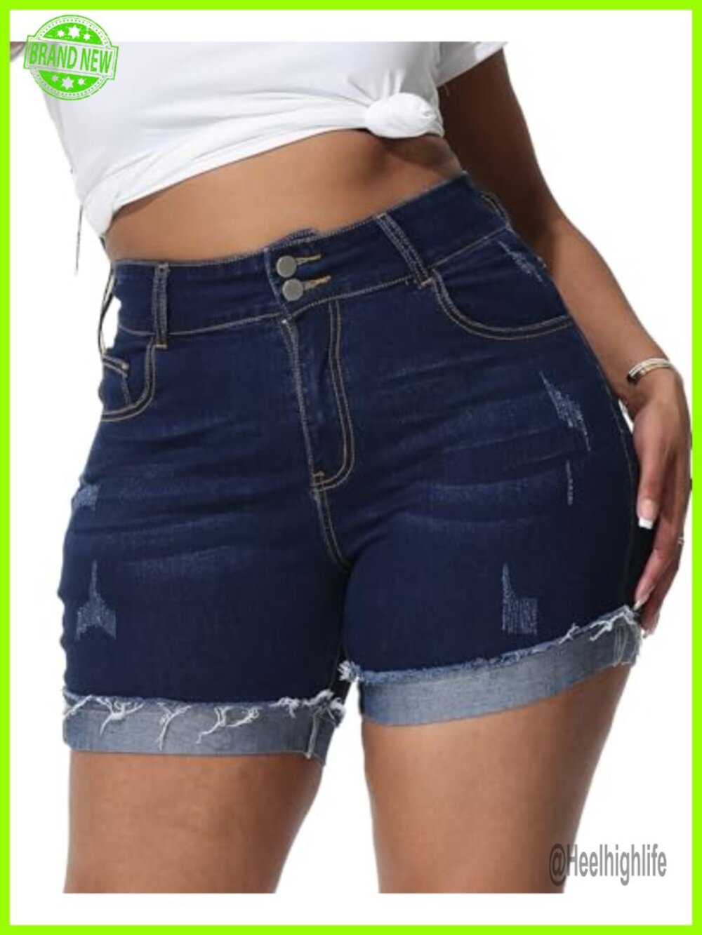 Plus Size High Waisted Ripped Denim Shorts Frayed Folded Hem Stretchy Jean